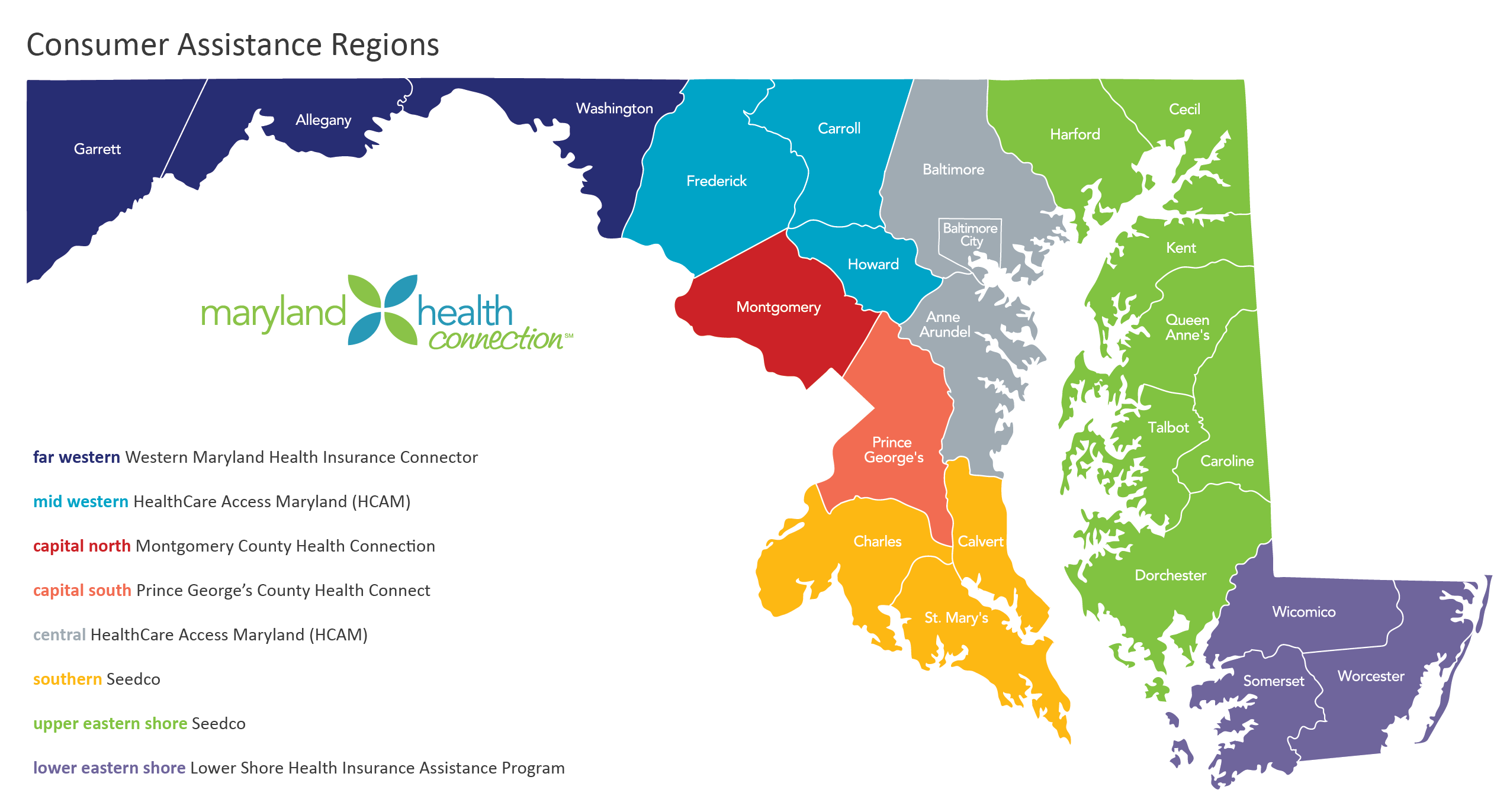 This maps shows which Maryland counties fall into which Maryland Health Connection regions.